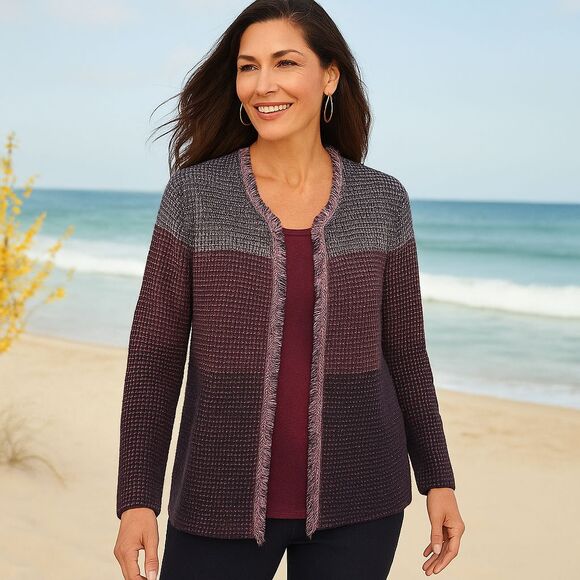 Chico's Womens 3 XL Purple Ombre Fringe Boucle Knit Open Front Cardigan Jacket - Picture 1 of 8